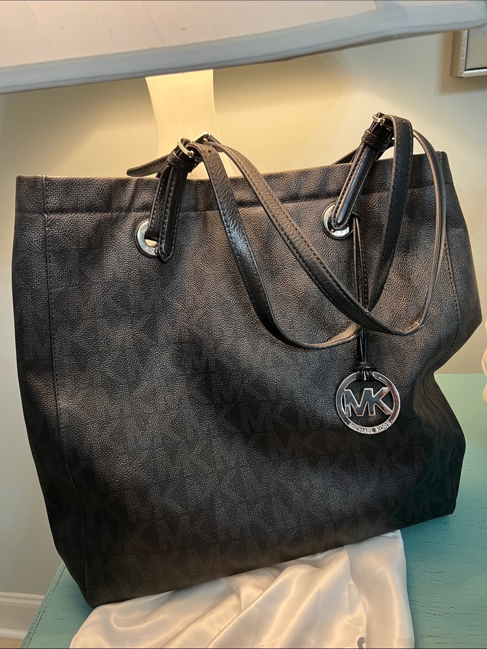 Michael Kors Black Leather Tote with MK Logo Charm